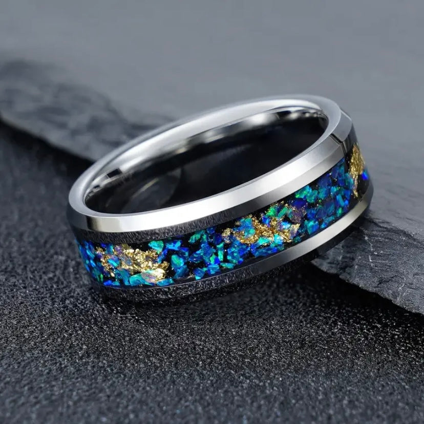 Blue Opal & Tungsten Wedding Ring